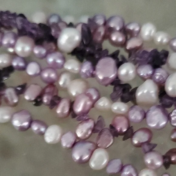 14K Purple White Freshwater Pearls + Amethyst Beaded Necklace and Bracelet Set